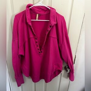 Pilcor Sweatshirt Womens L Pink Collared V Neck Grommet Eyelets Terry Pullover